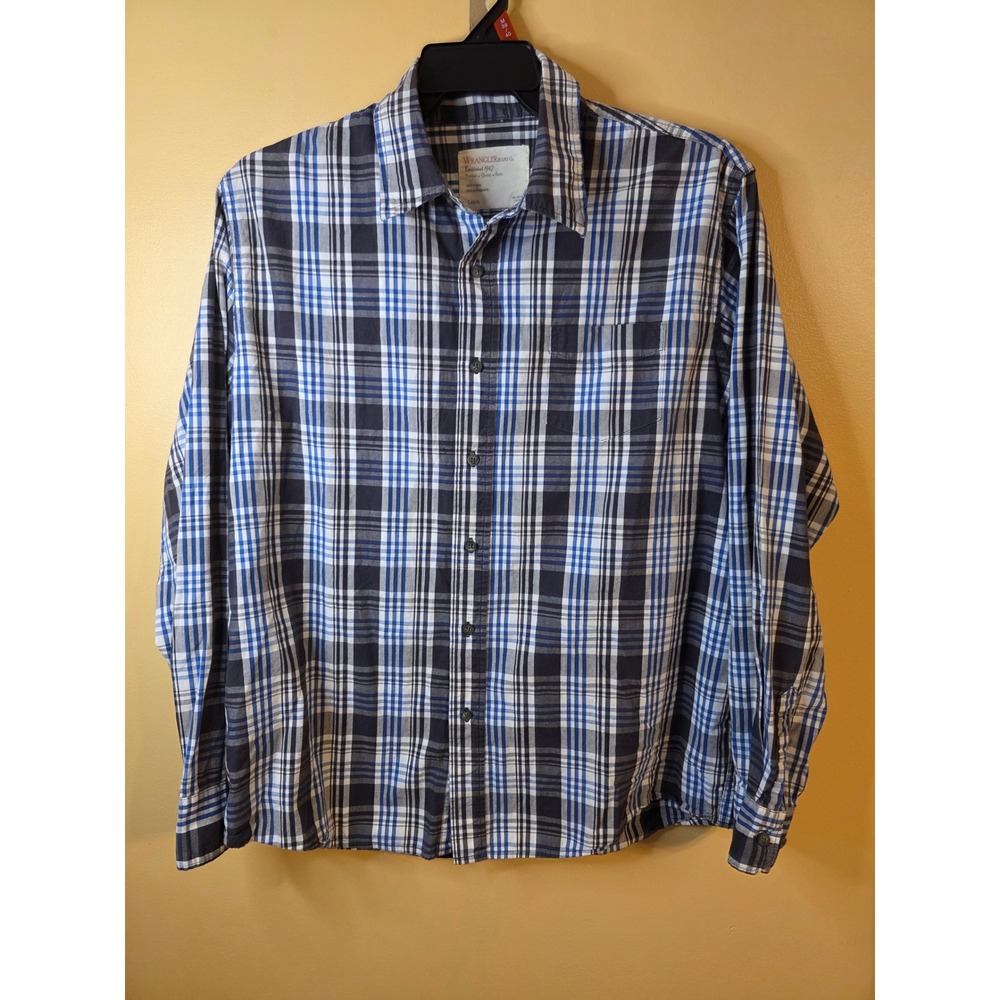 Wrangler Jeans Co Mens Lg Blue Black Plaid Cotton Long Sleeve Button Down Shirt